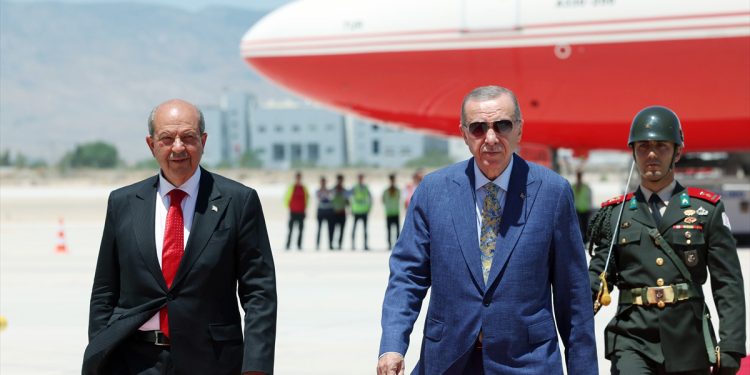 Türkiye's President Recep Tayyip Erdoğan arrives in TRNC on Thursday. TRNC President Ersin Tatar accompanies Erdoğan, who landed at Ercan Airport.