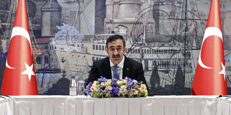 Türkiye's Vice President Cevdet Yılmaz speaks at a meeting where he meets business representatives.