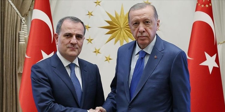 Türkiye's President Recep Tayyip Erdoğan receives Azerbaijan's Foreign Minister Jeyhun Bayramov in the presidential complex in the capital Ankara on July 31, 2023.