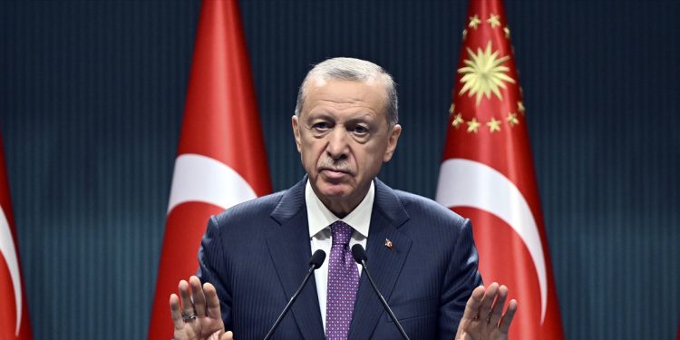 Turkish President Recep Tayyip Erdoğan addresses the nation after the Cabinet Meeting at the Presidential Complex in the capital Ankara, August 7, 2023. (AA photo)