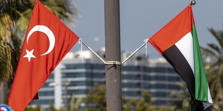 A view of flags of Türkiye and the UAE.