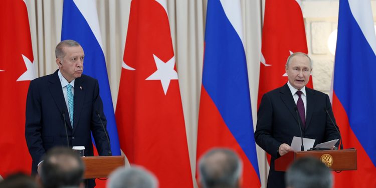 Turkish President Erdoğan and his Russian counterpart Putin speak at a news conference in Sochi on Sep 4, 2023.